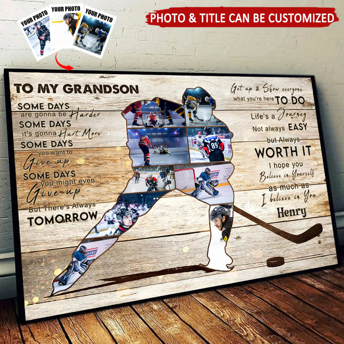Custom Hockey Player Photo Collage Canvas personalization view for Son/Grandson