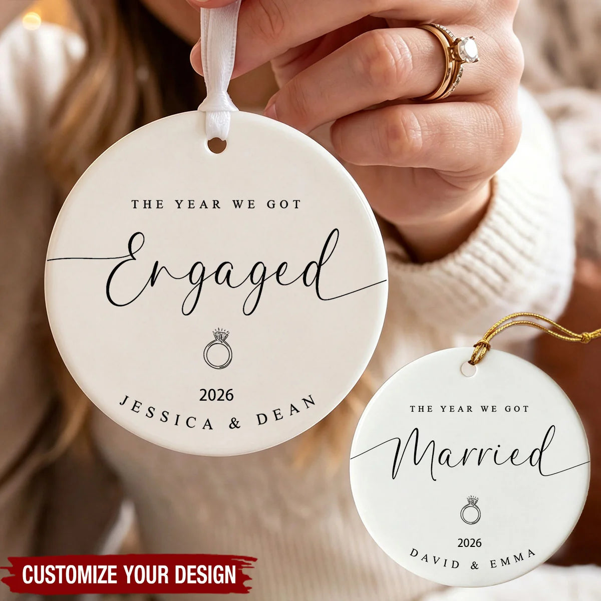 "The Year We Got Engaged" Personalized Ceramic Ornament - Custom Couples Keepsake Gift