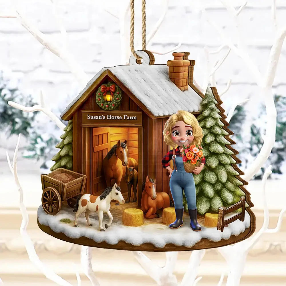 Horse Farm Personalized Wooden Ornament - Custom Winter Barn Keepsake Gift for Equestrians
