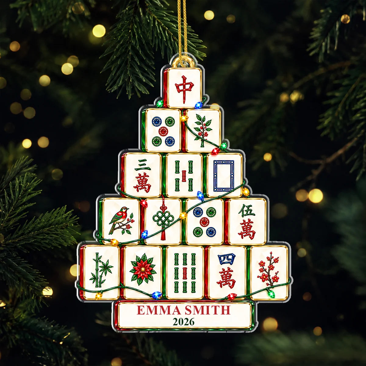 Mahjong Tile Christmas Tree Personalized Acrylic Ornament - Game Lovers Holiday Decor