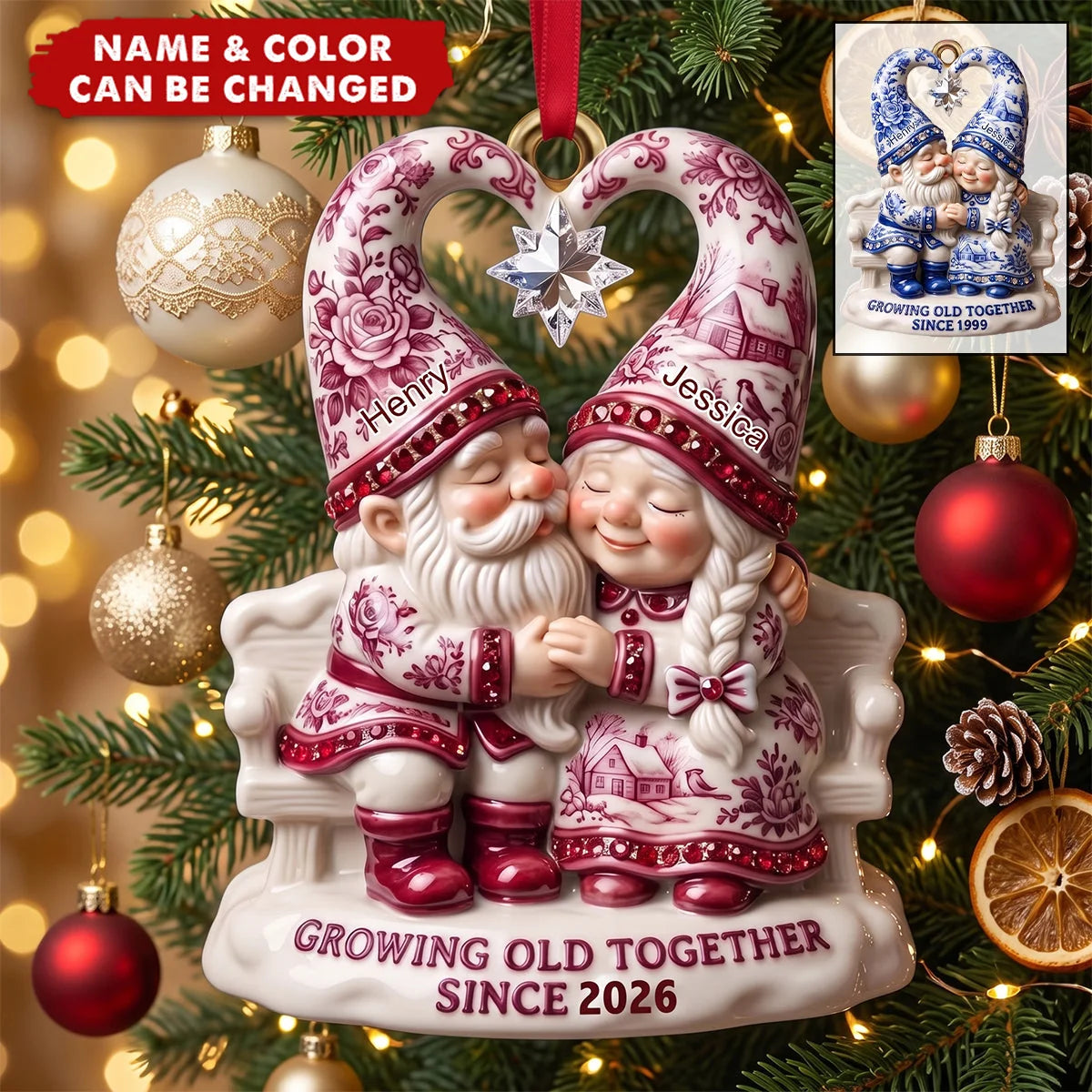 "Growing Old Together" Personalized Couple Ornament - Toile De Jouy Gnome Christmas Keepsake Gift