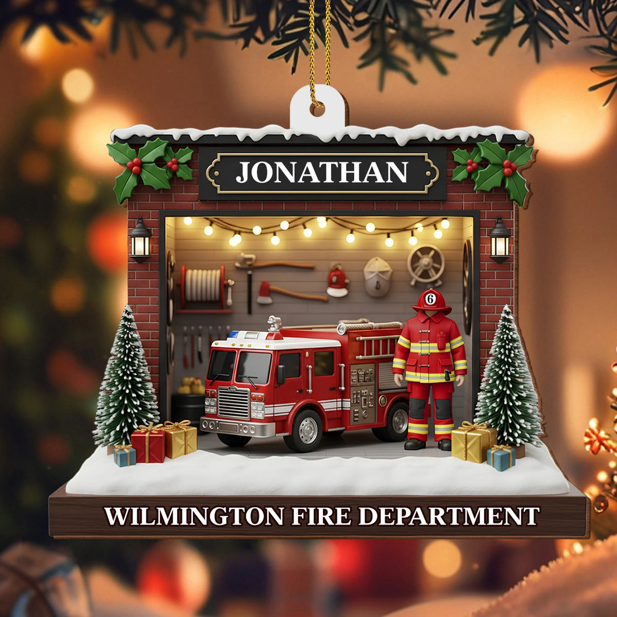 Celebrate The Heroic Spirit, Fire Truck And Firefighter Ornament