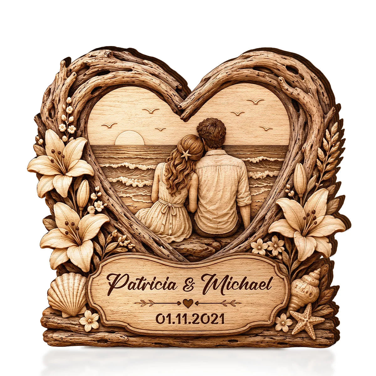Beach Sunset Couple Heart Personalized Wooden Block - Keepsake Gift for Wife or Husband