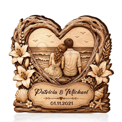 Beach Sunset Couple Heart Personalized Wooden Block - Keepsake Gift for Wife or Husband