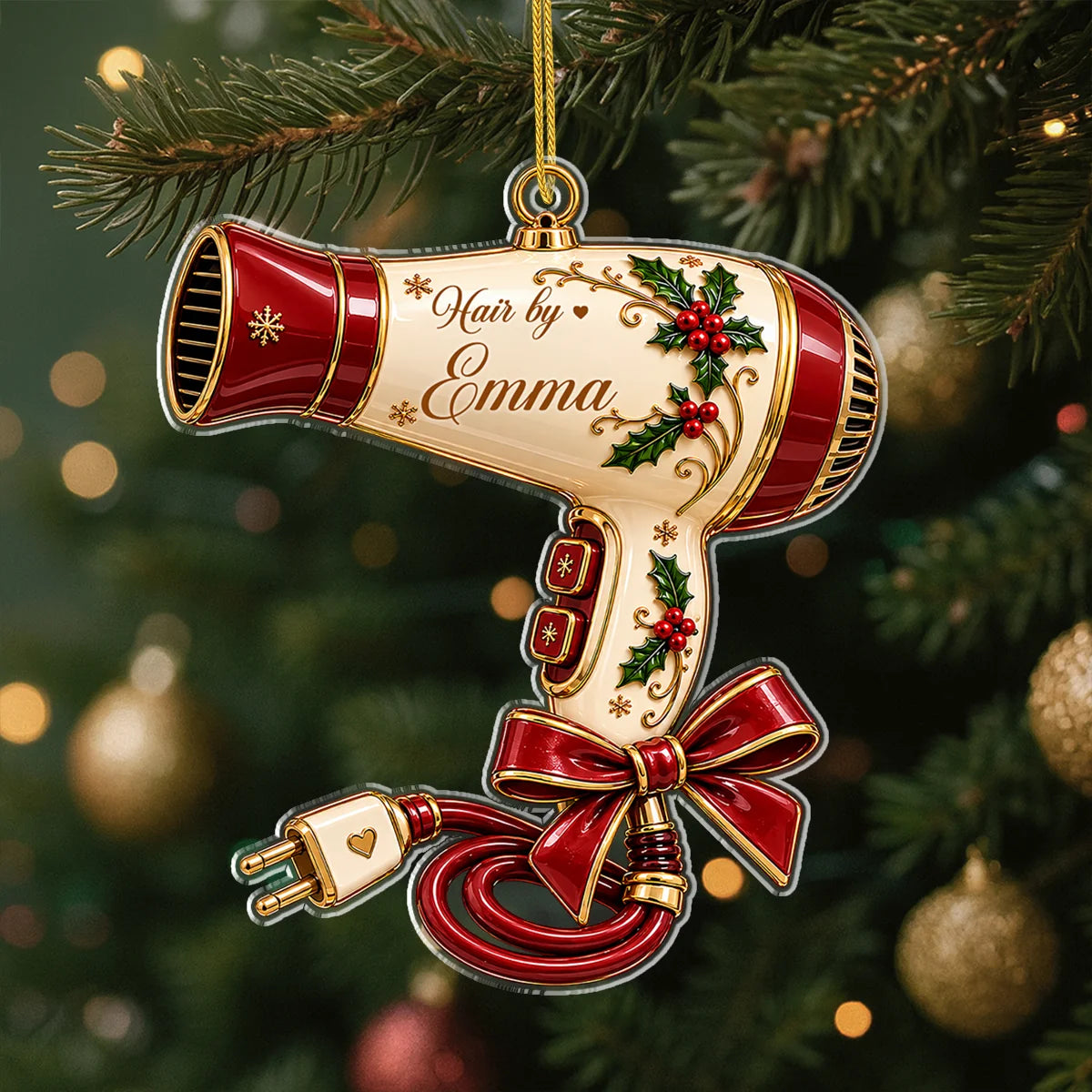 Hair by Custom Name Hair Dryer Acrylic Ornament - Personalized Hair Stylist Gift
