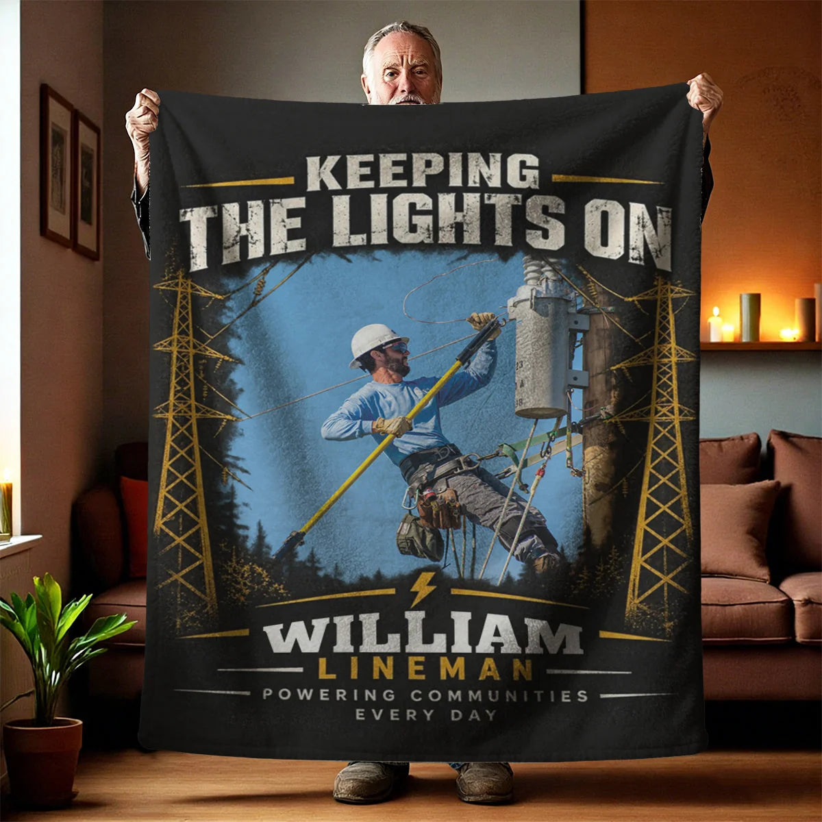 Keeping The Lights On Personalized Lineman Blanket - Custom Power Line Worker Photo Fleece Gift