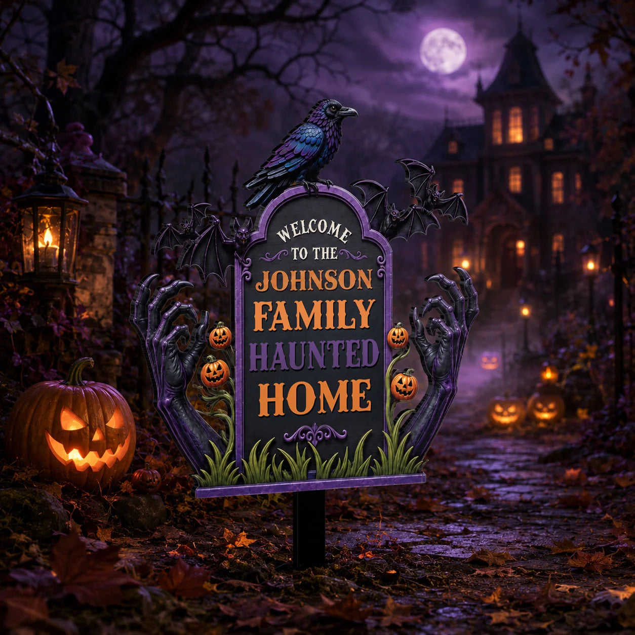 Welcome To Our Haunted Home - Personalized Halloween Metal Garden Stake Sign for Family Yard Decor