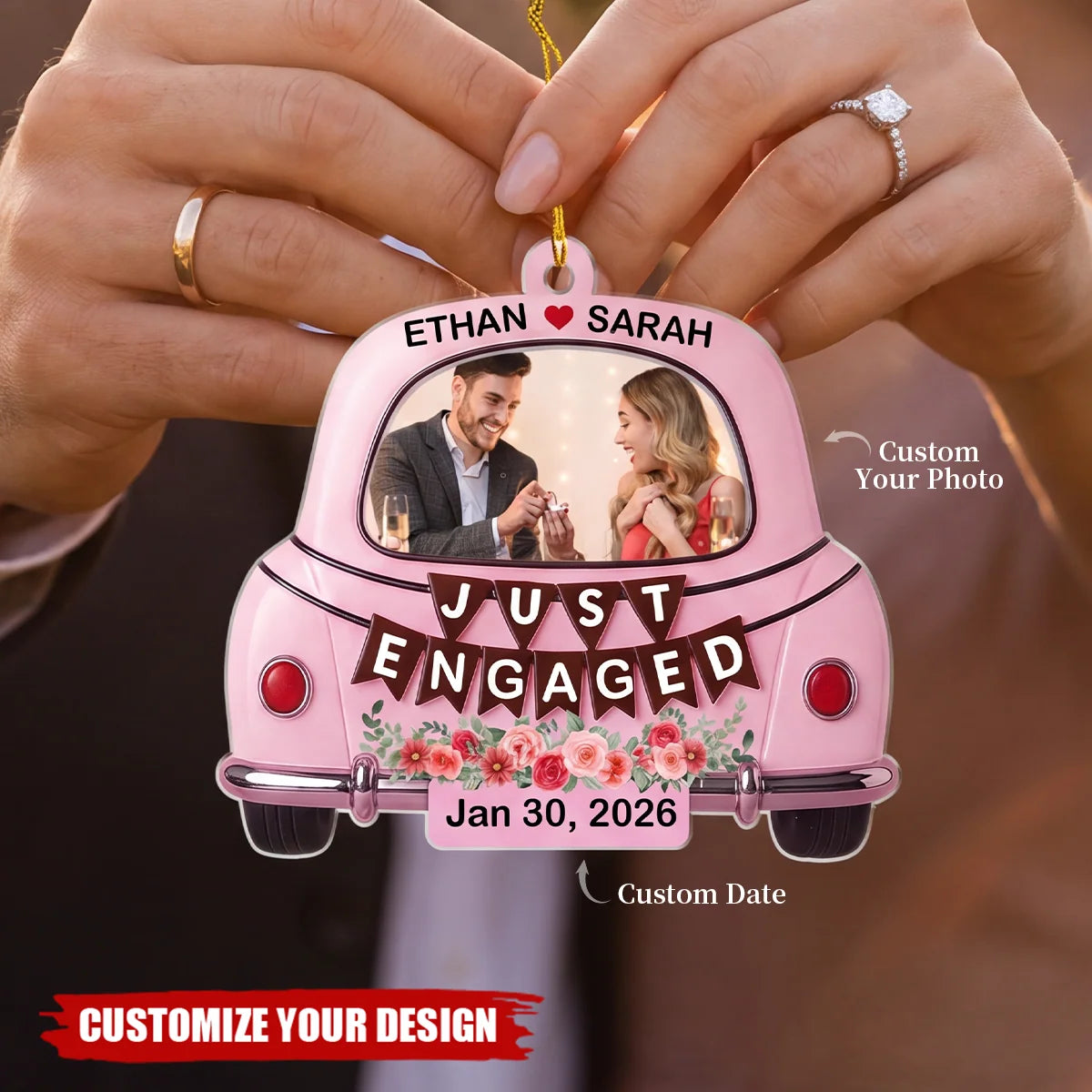 Just Married Car Custom Photo Acrylic Ornament - Personalized Engagement Wedding Gift Couple Keepsake