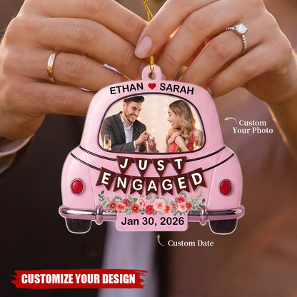 Just Married Car Custom Photo Acrylic Ornament - Personalized Engagement Wedding Gift Couple Keepsake