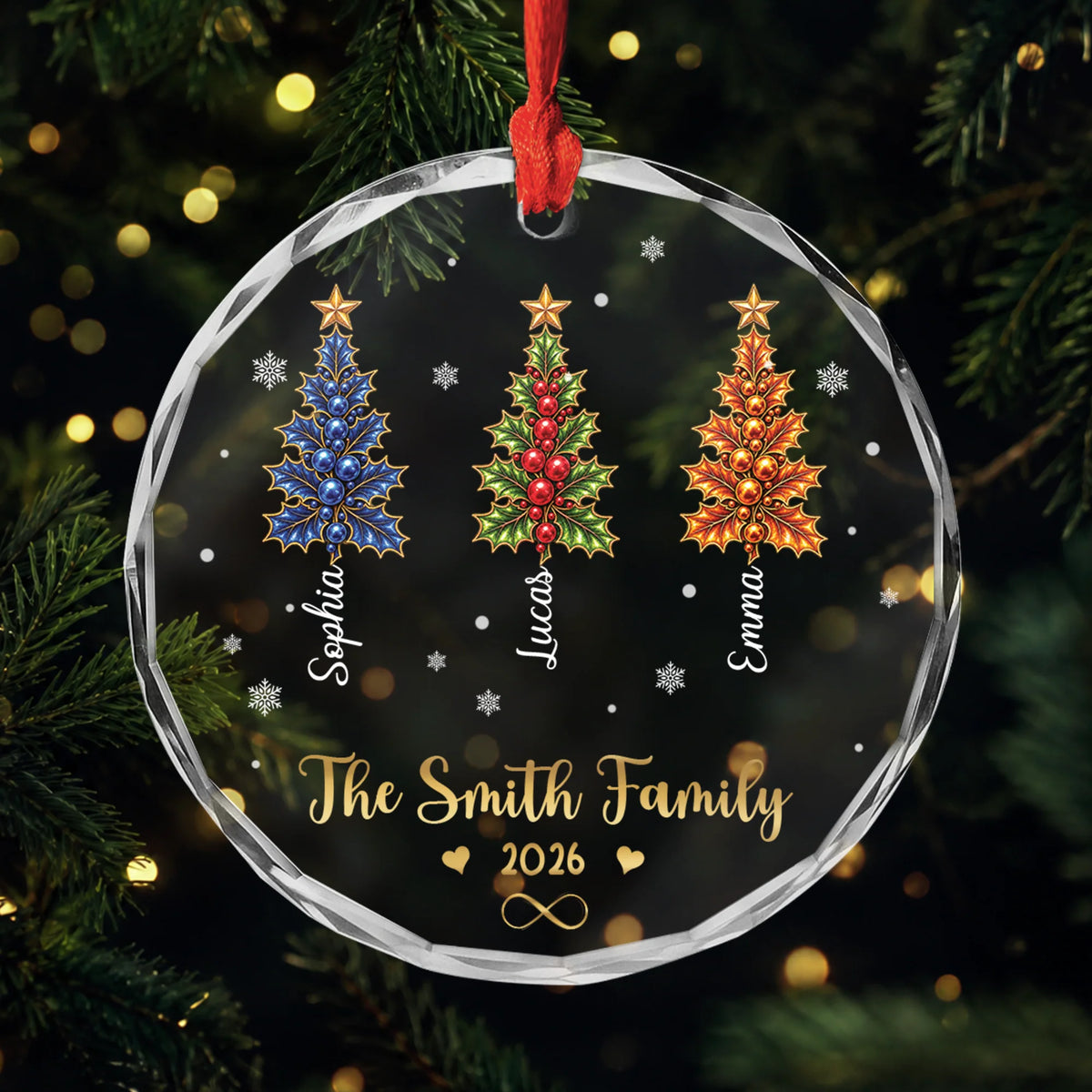 Custom Family Names Christmas Tree Glass Ornament - Personalized Holiday Keepsake