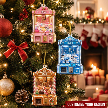 Custom Claw Machine Christmas Ornament - Personalized Name Plush Toy Arcade Tree Decor for Kids