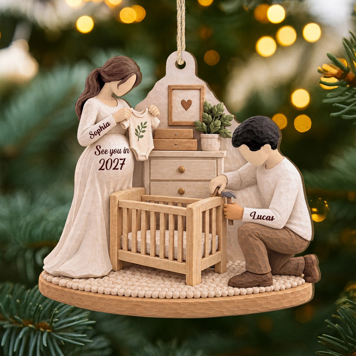 See You in 2027 Preparing for Baby Personalized Wooden Ornament - Keepsake Gift for Expecting Parents