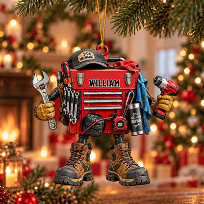 Personalized Mechanic Toolbox Christmas Wooden Ornament - Custom Name Handyman Keepsake