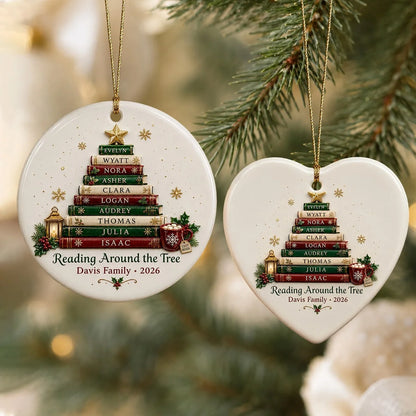 Reading Around the Tree Personalized Book Lover Ceramic Ornament - Custom Family Name Keepsake