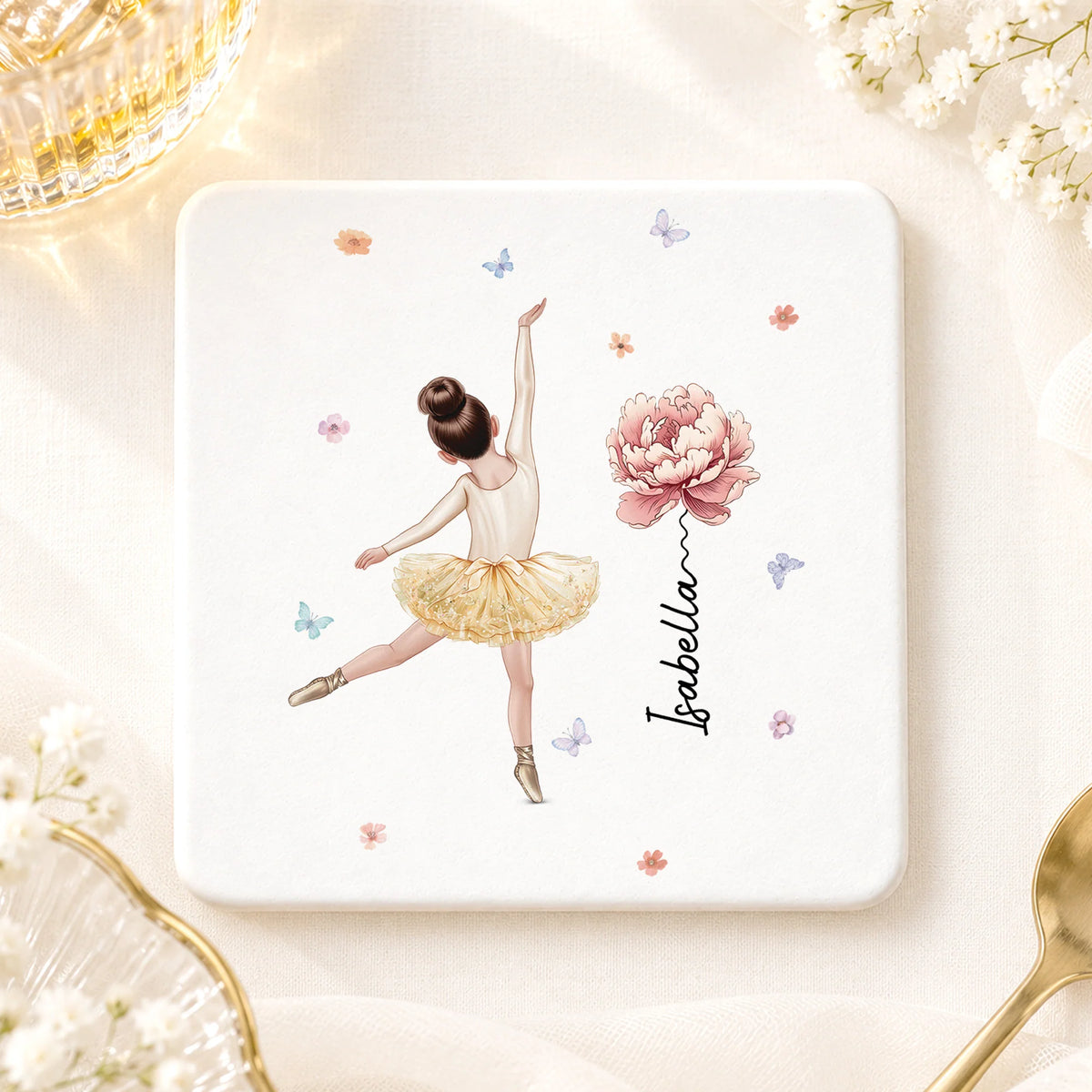 Birth Month Flower Personalized Ballet Coaster for Kids - Custom Name Ceramic Birthday Gift