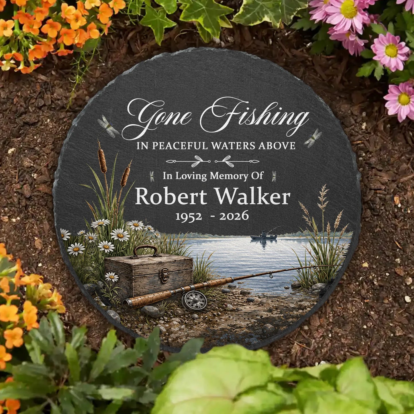 Gone Fishing In Peaceful Waters Above - Personalized Fishing Memorial Garden Stone