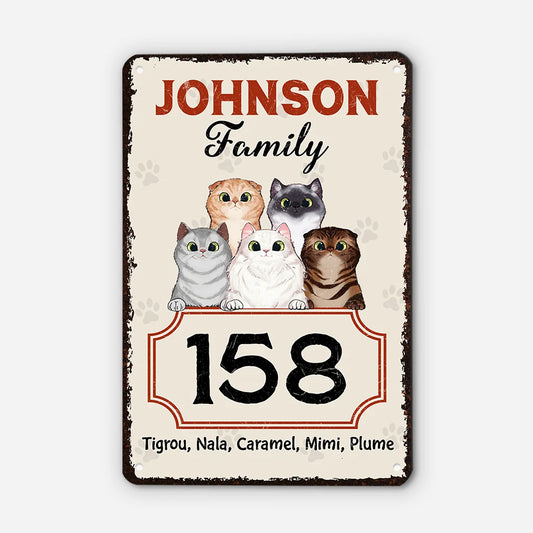 Custom Cat Family Metal Sign - Personalized Pet House Number Plaque for Cat Lovers