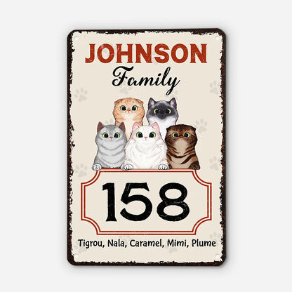 Custom Cat Family Metal Sign - Personalized Pet House Number Plaque for Cat Lovers