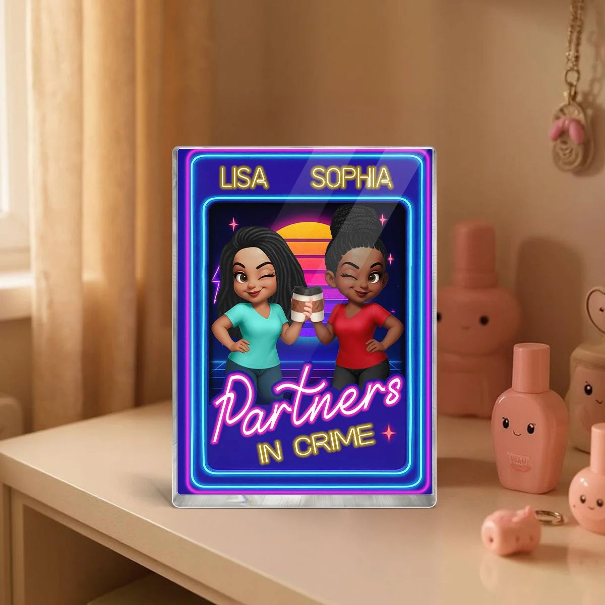 Personalized best friend acrylic block featuring retro neon design and customized avatars for a unique keepsake gift image 8