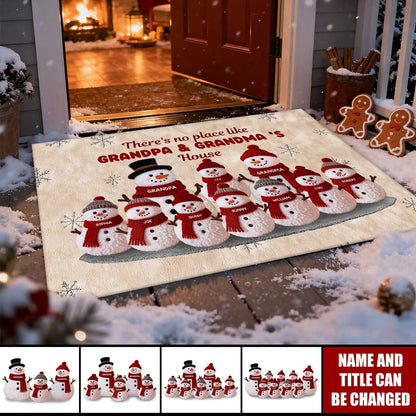 "There's No Place Like Grandma & Grandpa's House" Personalized Snowman Christmas Doormat - Custom Gift for Grandparents