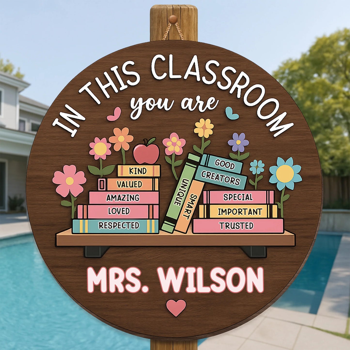 Personalized teacher classroom wood sign featuring school books and custom name for teacher appreciation gift image 6