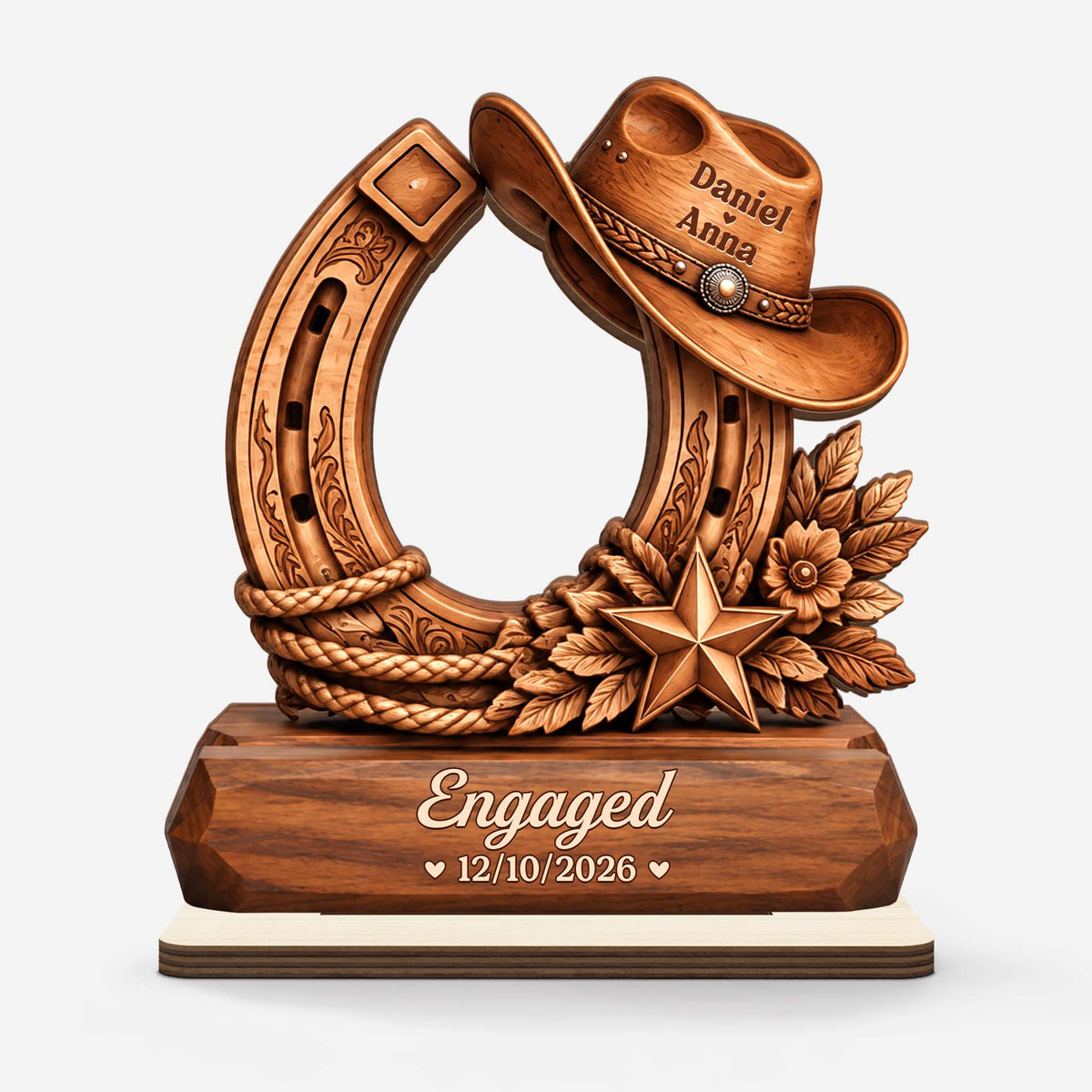 Engaged Horseshoe Wooden Plaque - Personalized Cowboy Hat Sign Gift for Couples