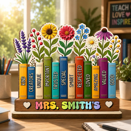 Personalized teacher wood plaque with colorful printed books and flowers desk decor gift for educators