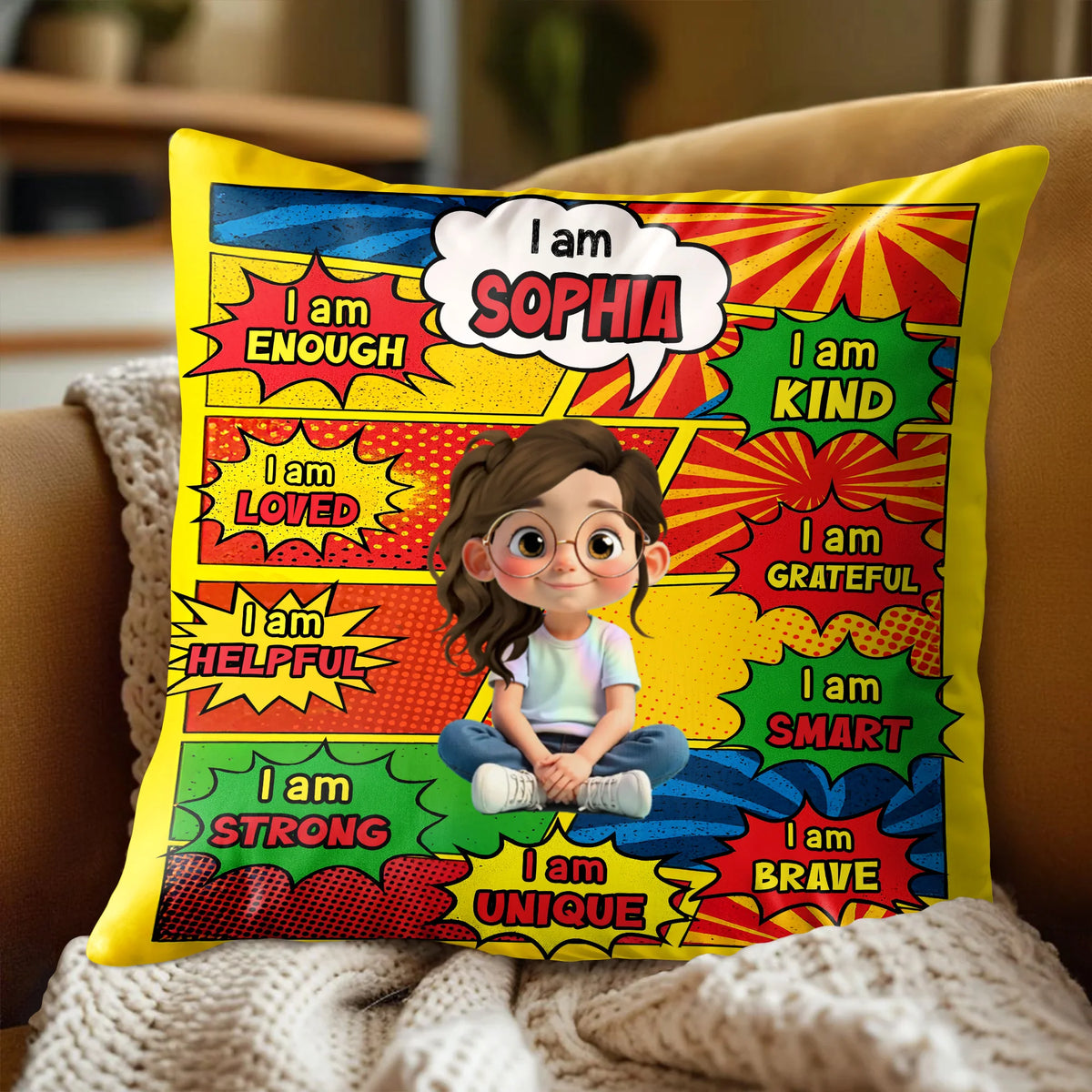 "I Am Enough Kind Loved" Custom Name Kids Affirmation Pillow - Personalized Birthday Gift for Daughter