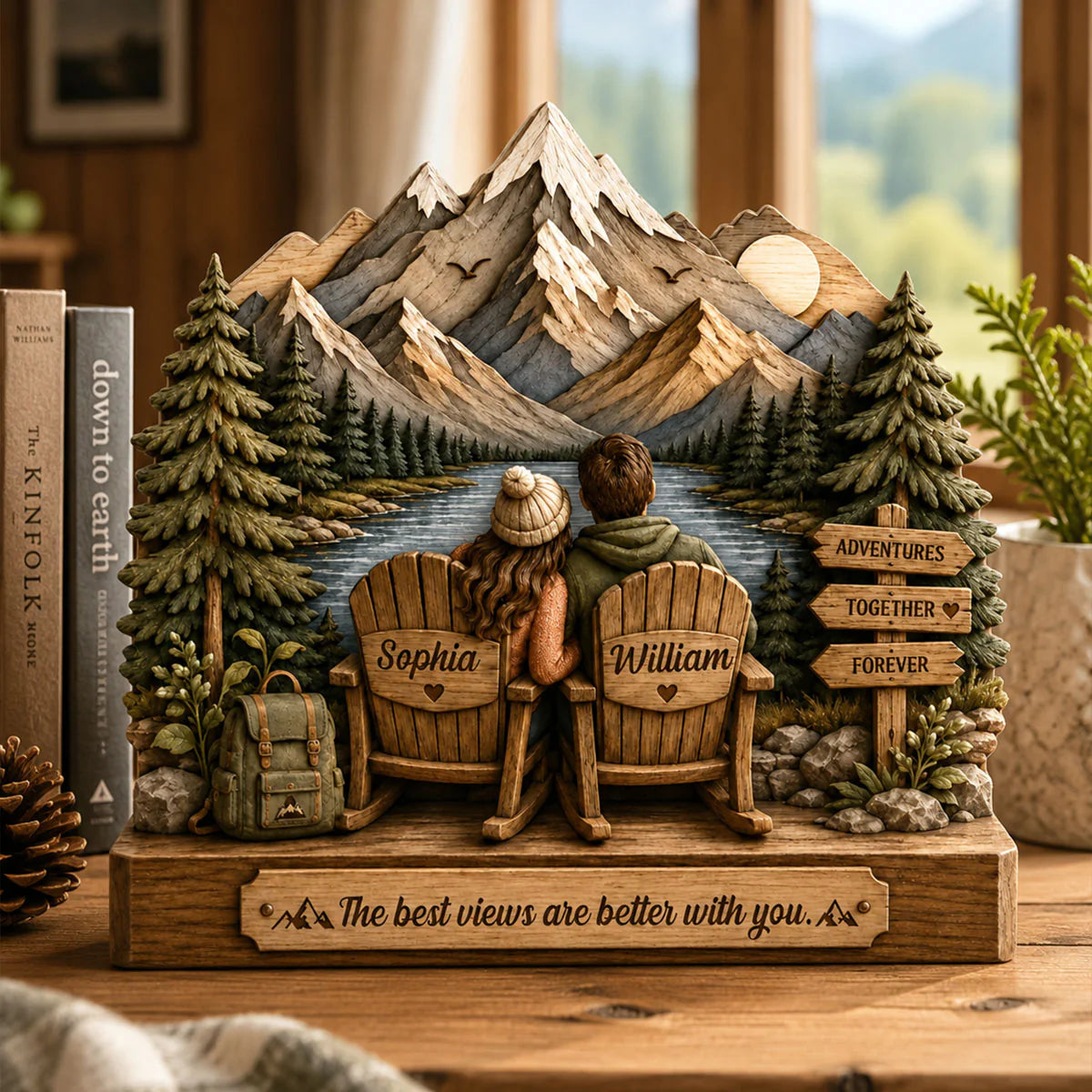 Personalized couple mountain wooden block featuring custom names and scenic lake view artwork
