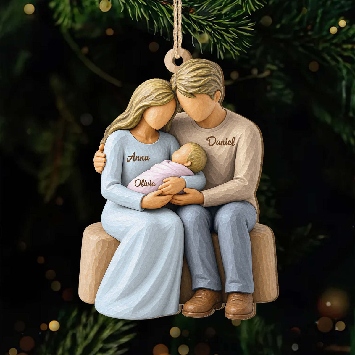 Custom Baby and Parents Wooden Ornament - Personalized Family Keepsake for First Christmas and New Moms