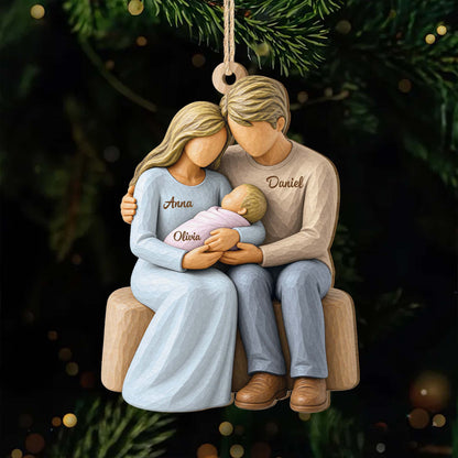 Custom Baby and Parents Wooden Ornament - Personalized Family Keepsake for First Christmas and New Moms