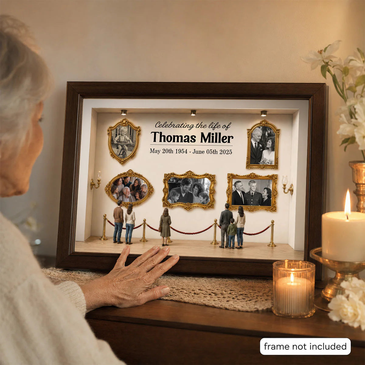 Custom loss of loved one memorial canvas showing family photos inside an art gallery setup. image 7