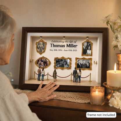 Custom loss of loved one memorial canvas showing family photos inside an art gallery setup. image 7