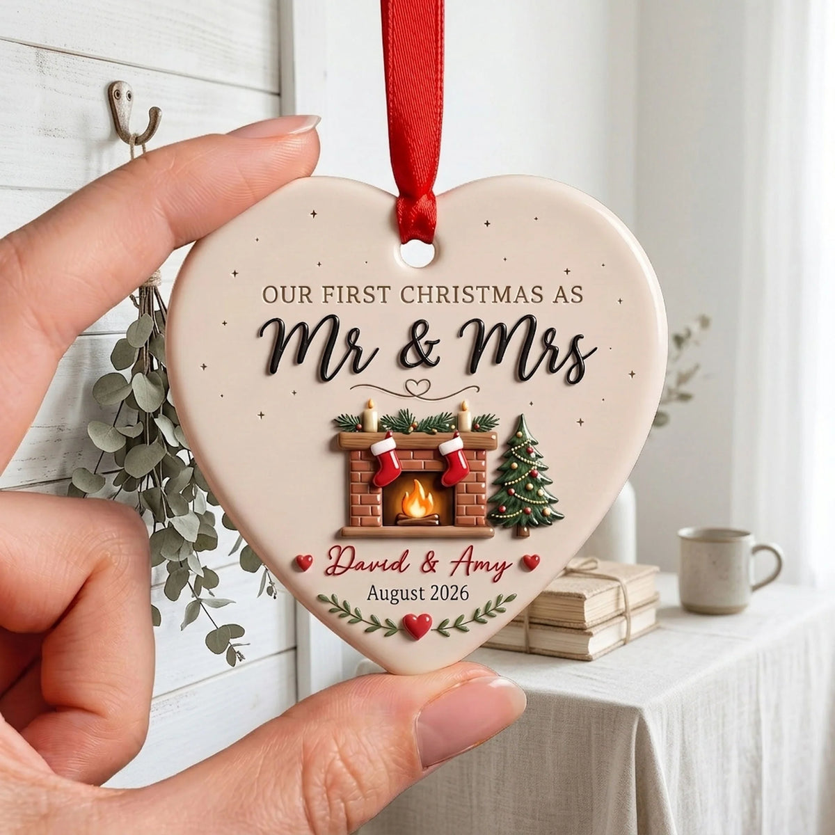 Our First Christmas as Mr & Mrs - Personalized Ceramic Ornament for Couples Wedding Gift