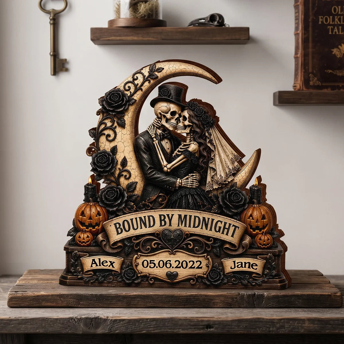 Bound By Midnight Personalized Skeleton Couple Wooden Block - Custom Halloween Anniversary Gift