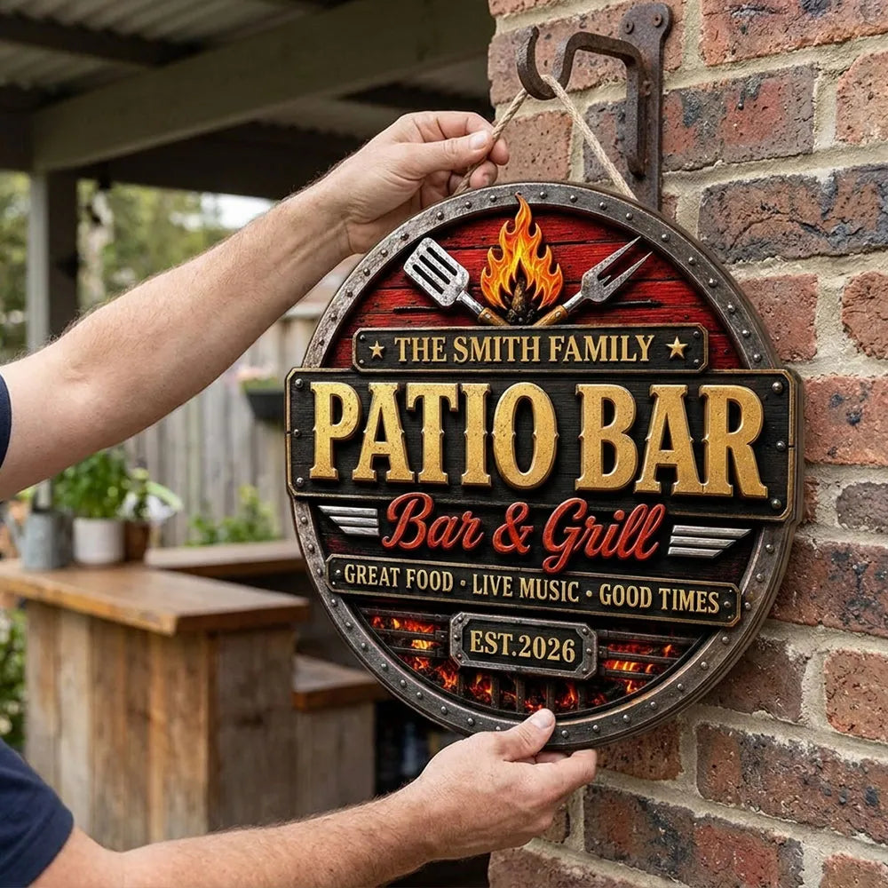Patio Bar & Grill Personalized Wood Sign - Custom Backyard BBQ Sign Decor