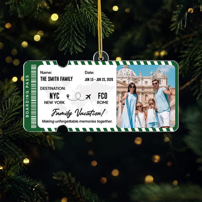 Family Vacation Custom Photo Acrylic Ornament - Personalized Flight Ticket Keepsake Gift