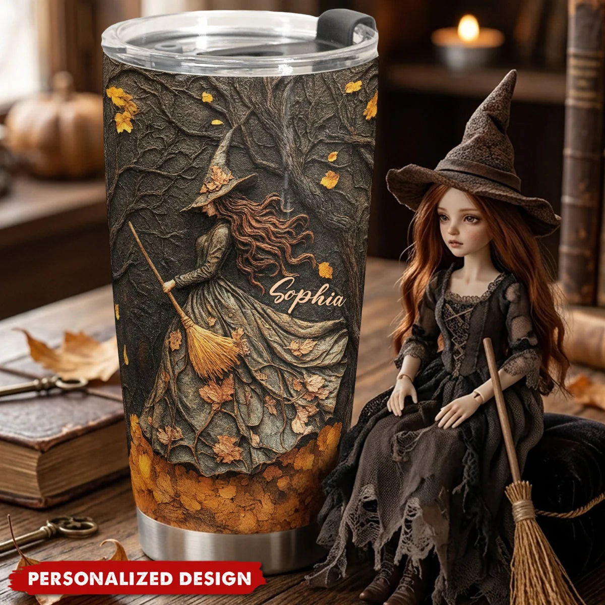 Spooky Witch Art Print Personalized Tumbler - Custom Halloween Gift for Friends