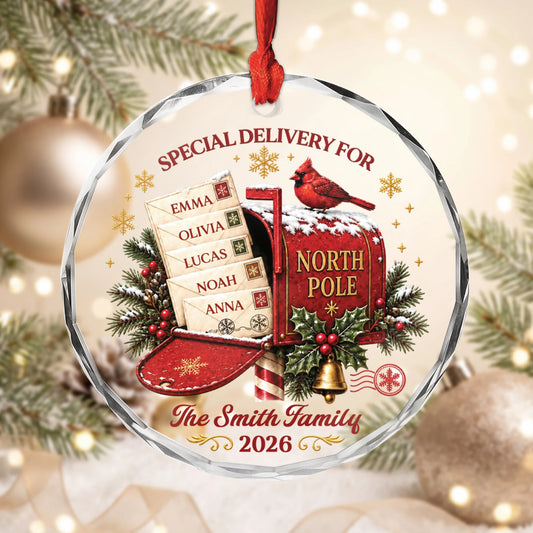 Special Delivery Personalized Glass Ornament - Custom Family Name Christmas Keepsake