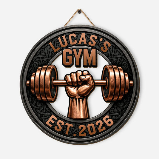 Custom Gym Name Wood Sign with Barbell Graphic - Personalized Fitness Gift