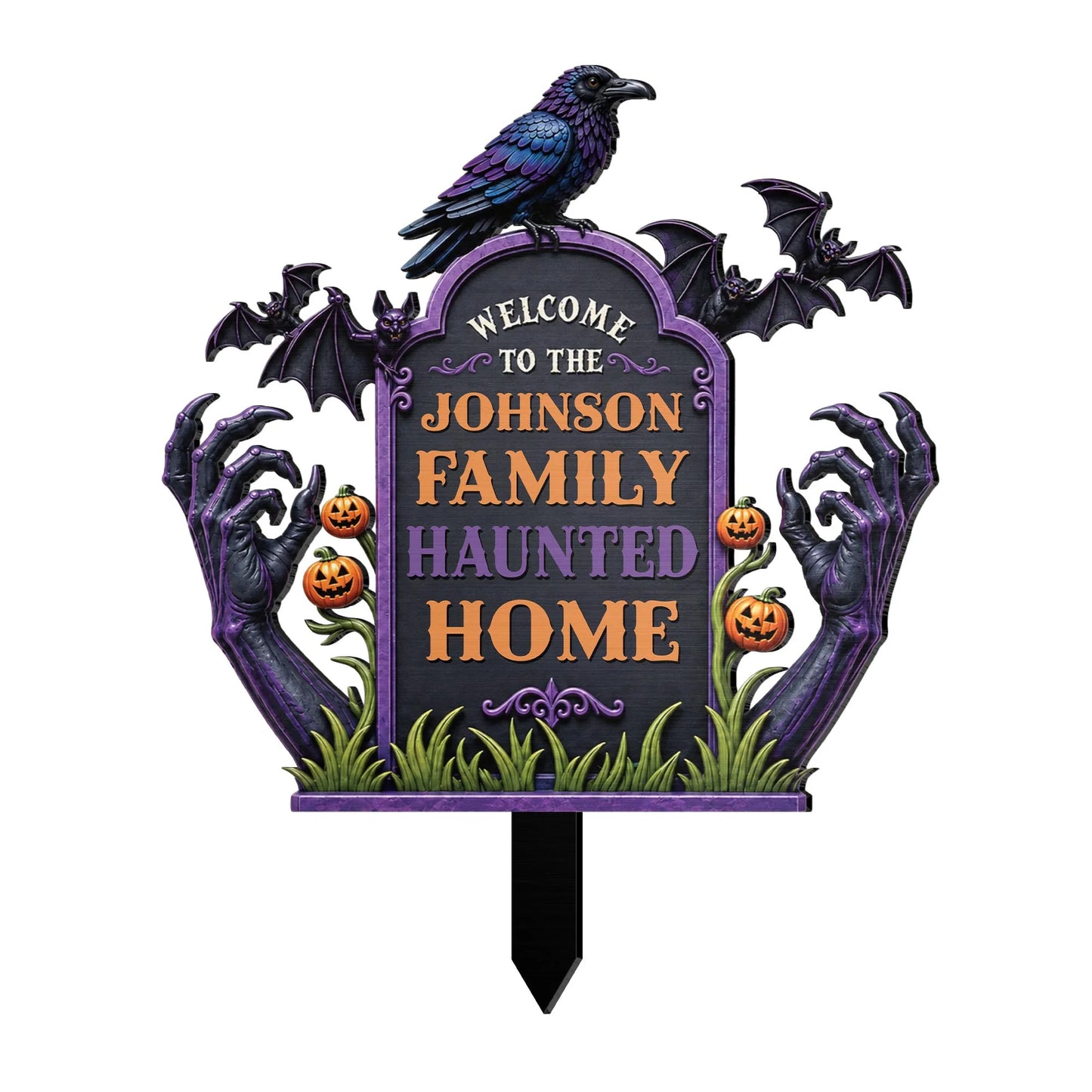 Welcome To Our Haunted Home - Personalized Halloween Metal Garden Stake Sign for Family Yard Decor