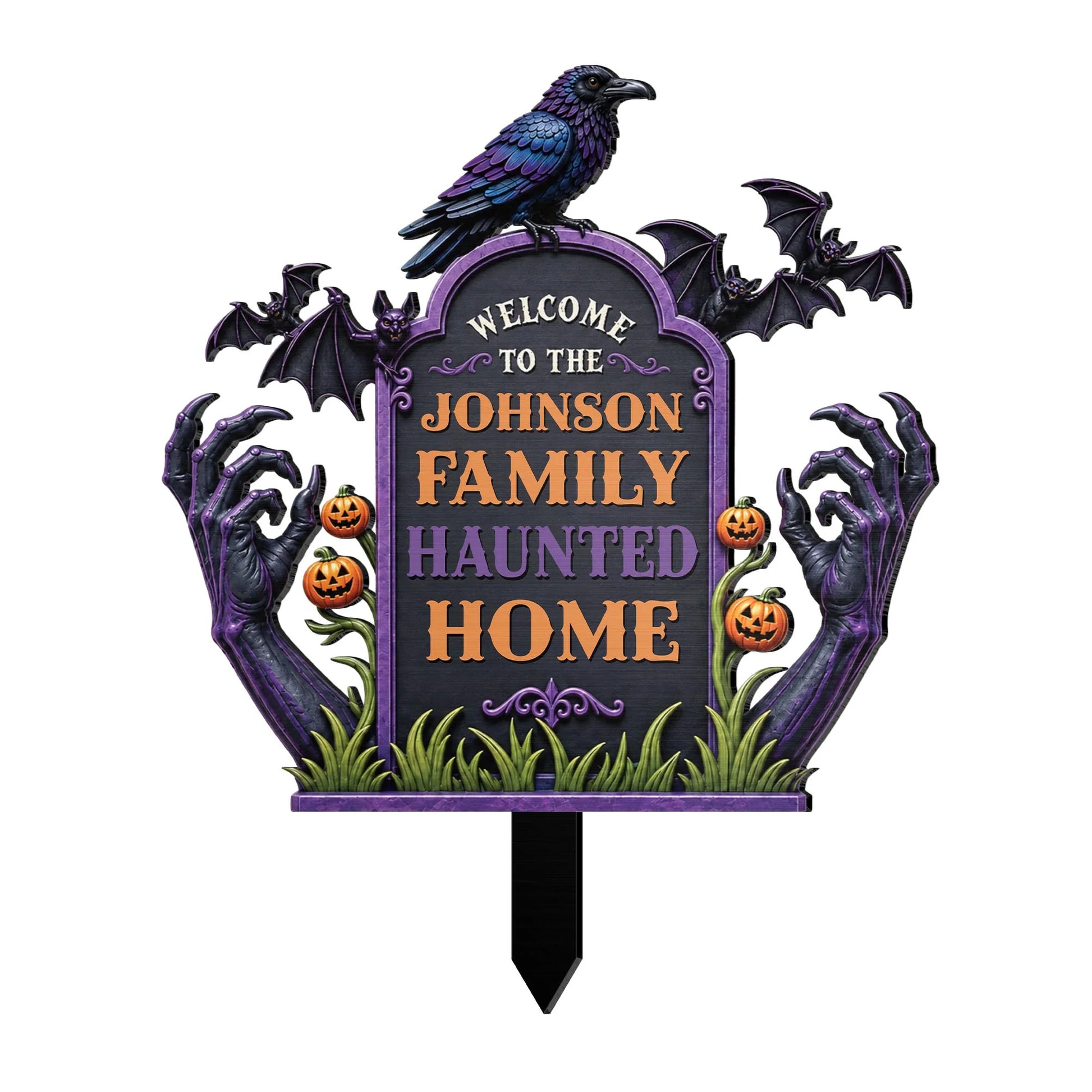 Welcome To Our Haunted Home - Personalized Halloween Metal Garden Stake Sign for Family Yard Decor