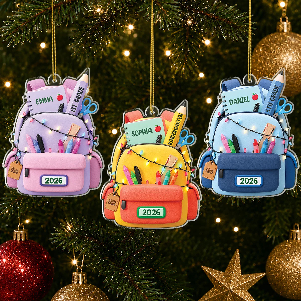 Personalized Student Backpack Acrylic Ornament - Custom Name & Grade Keepsake Gift for Kids Back to School and Christmas