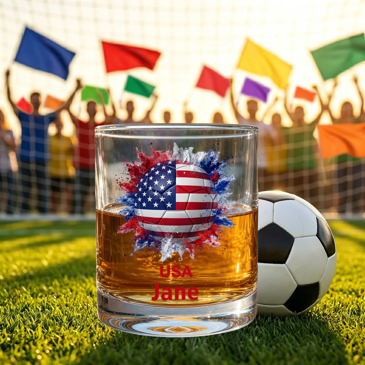 Tumbler material and size view - Custom Soccer Whiskey Glass