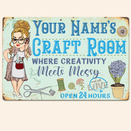 Personalized craft room metal sign with custom name text for creative room wall decor