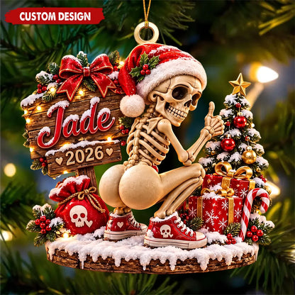 Funny Gym Squat Skeleton Personalized Wooden Ornament - Gothic Christmas Tree Decor for Best Friends
