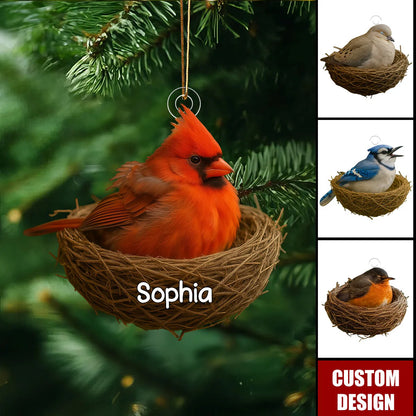 Custom bird lover ornament with personalized name and bird design in nest for Christmas