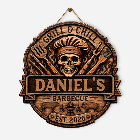 Grill & Chill Skull Personalized Wood Sign - Custom BBQ Master Name Gift