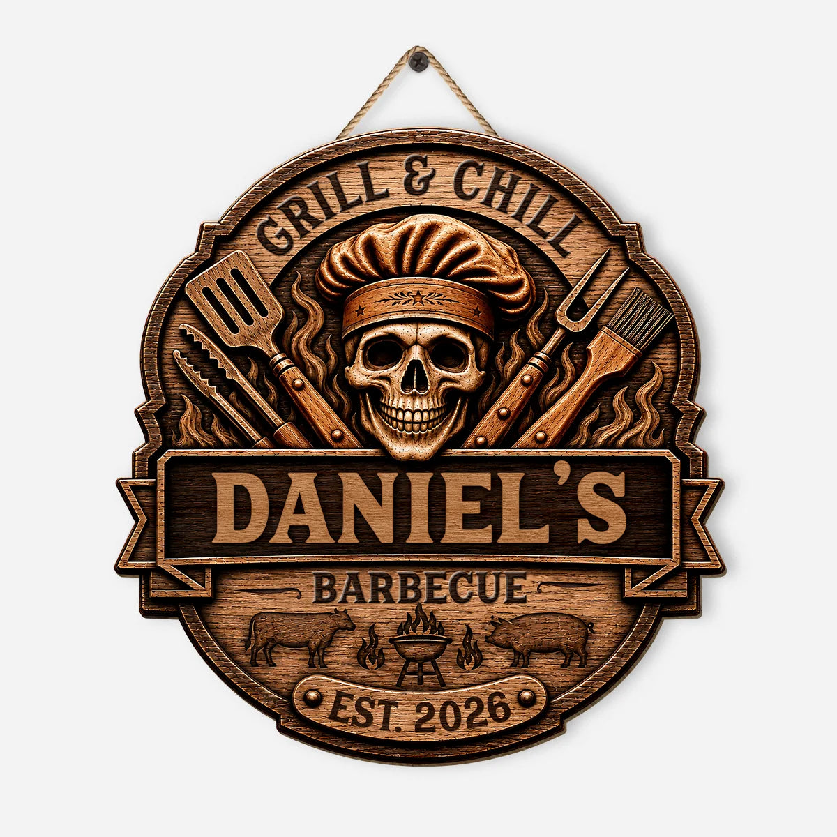 Grill & Chill Skull Personalized Wood Sign - Custom BBQ Master Name Gift