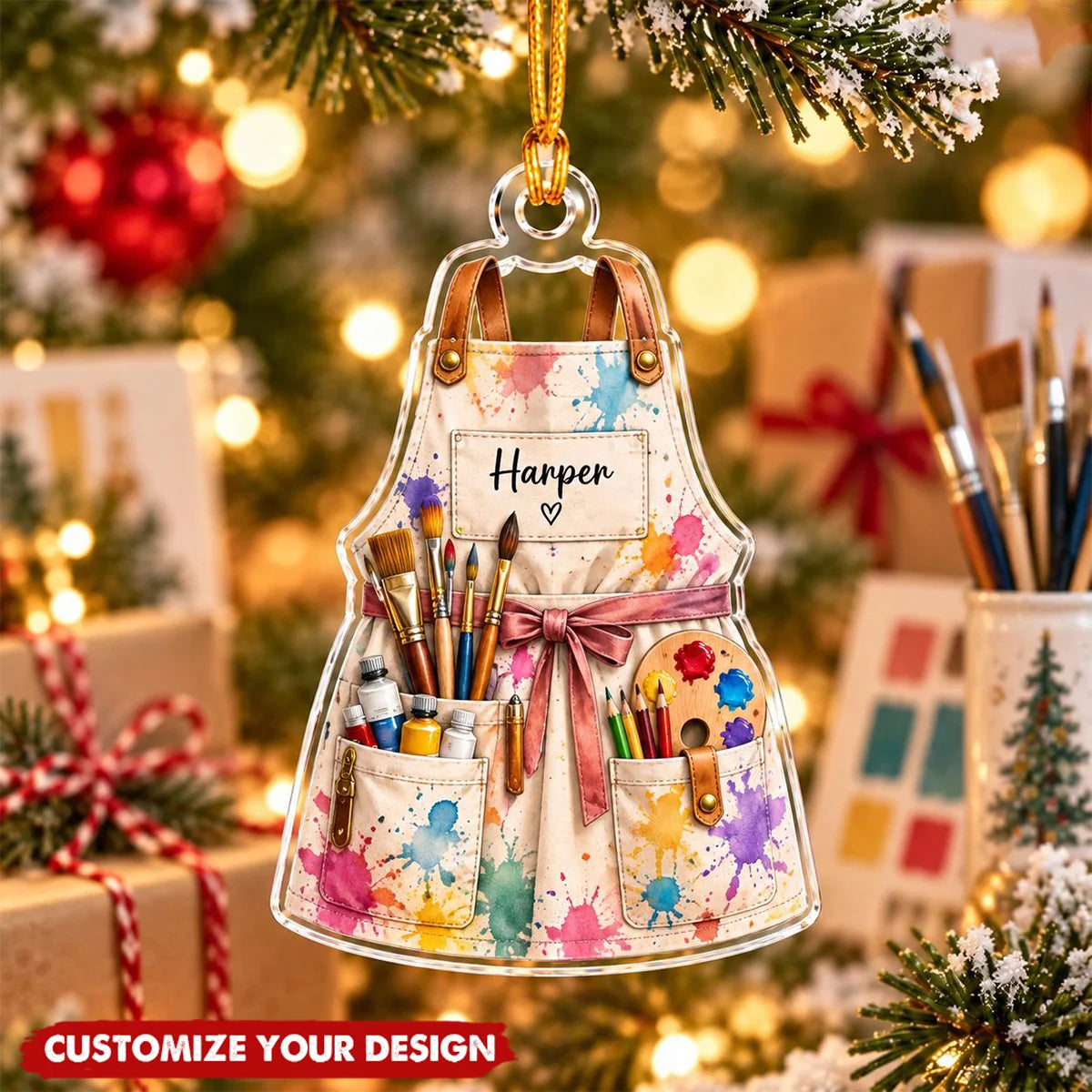 Paint-Splashed Apron Personalized Artist Christmas Ornament - Custom Name Gift for Painters and Art Teachers